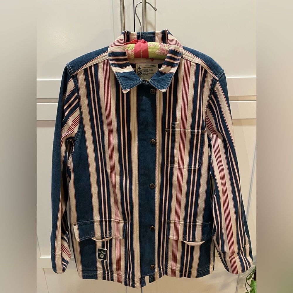 Lauren Jeans Company Denim Jacket Blue White Red Zipper Snap Size L 46”